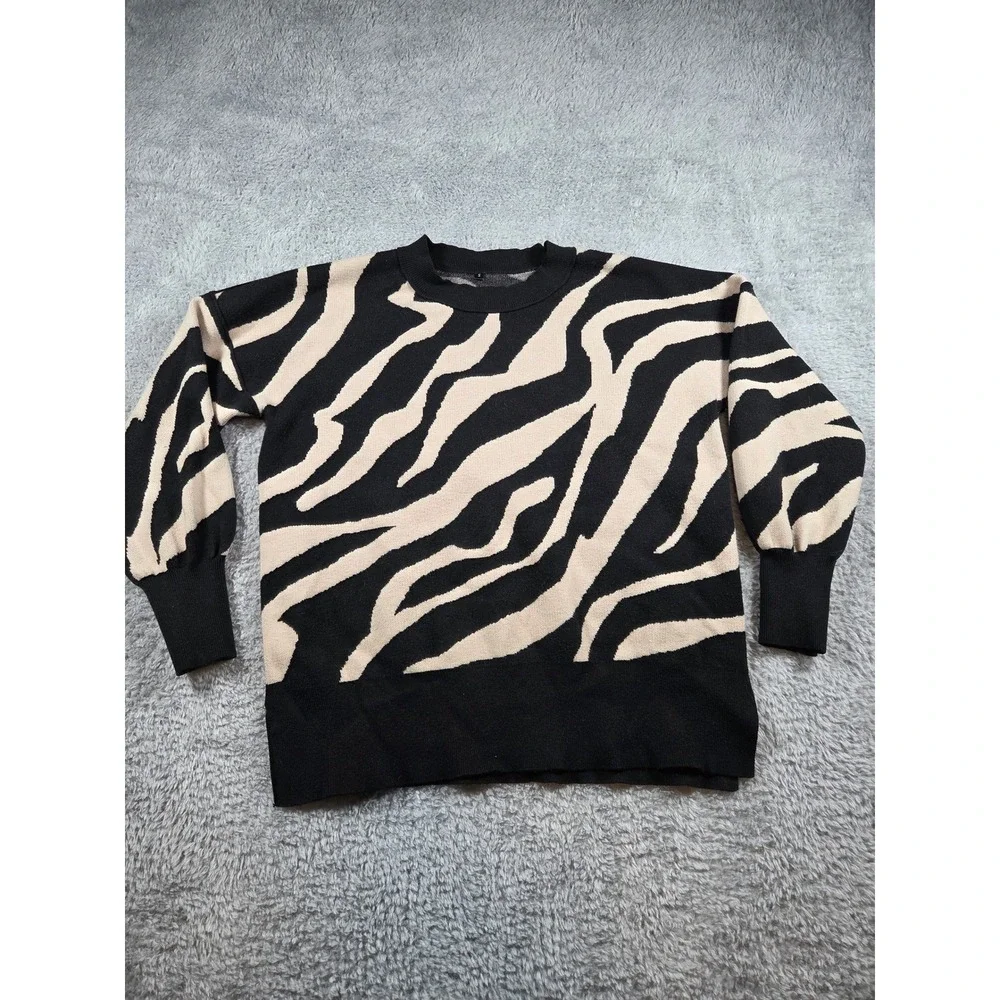 Zebra Print Crewneck Sweater Black Beige Animal Print Knit Top Small - Picture 2 of 8